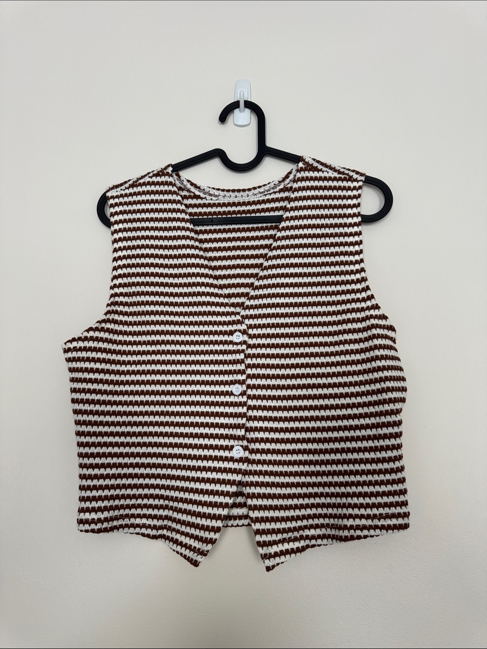 SHEIN Brown and White Striped Knit Button-Front Crop Vest